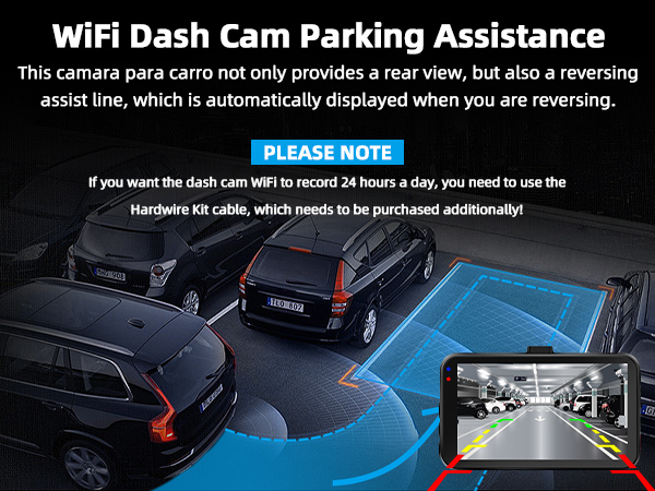WiFi dash cam with parking assistance feature. Image shows cars in a parking lot with a reversing assist line overlay and camera view insert.