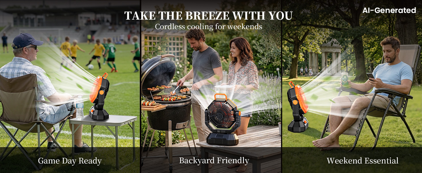 Game day, BBQ, cool air. Bring this battery powered camping fan for comfort anywhere