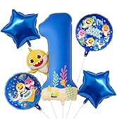 PartyWoo Baby Shark Blue Foil Number 1 Balloon 5pcs 40 18 Inch Blue Round Star Mylar Helium Birth...