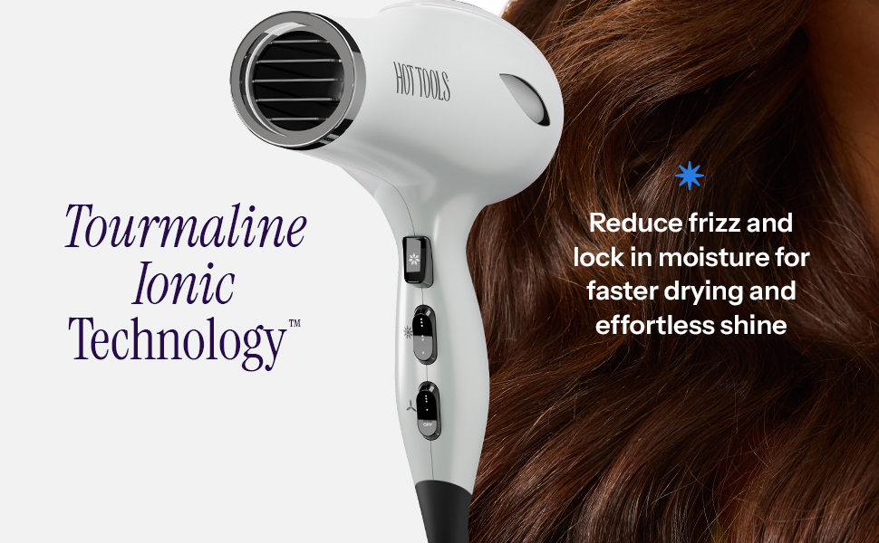 this hairdryer features tourmaline ionic technology to reduce frizz, lock in moisture &amp;amp; add shine