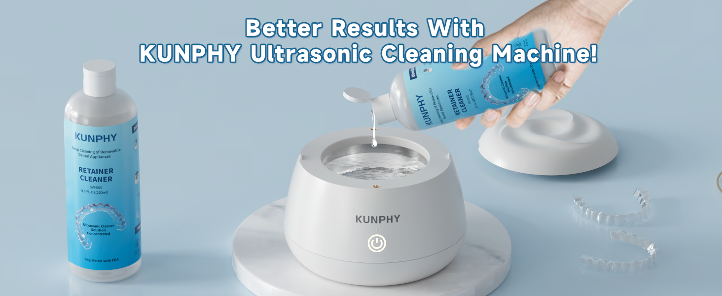 Text reads 'Better Results With KUNPHY ELECTRONIC CLEANING BRUSH'. Product showcase of white electronic brush device with blue cleaning solution bottle in clean, minimalist setting.