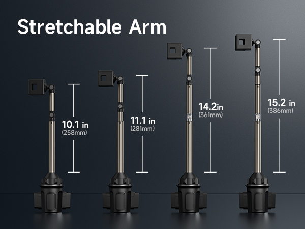 Technical diagram showing four adjustable mounting arms with different extension lengths, ranging from 10.1 to 15.2 inches, labeled as 'Stretchable Arm'.
