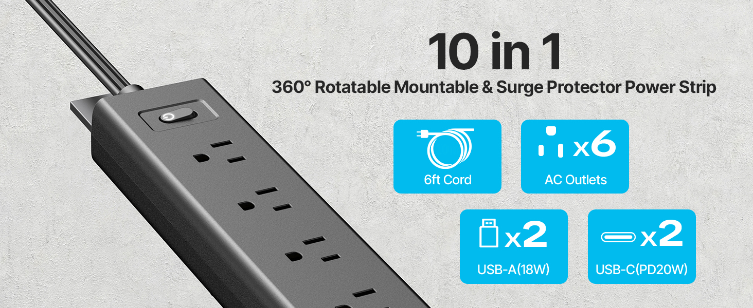 360 Rotatable Mountable Surge Protector Power Strip