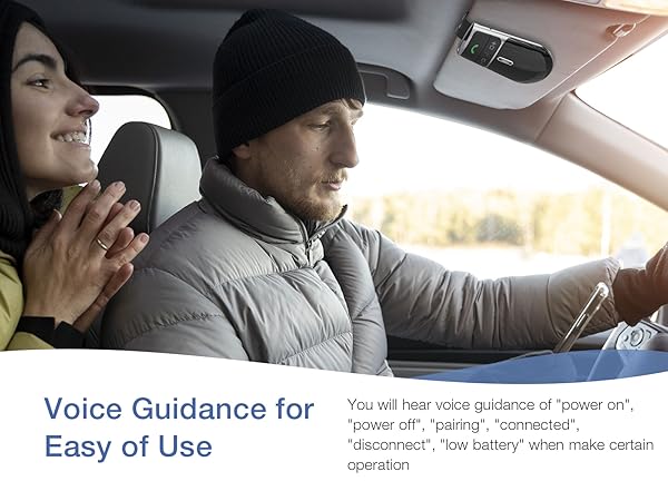 In-car Bluetooth device mounted on sun visor. Text below describes voice guidance for easy use, including power, pairing, and connection commands.