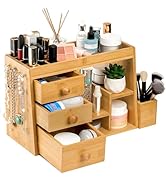 Elsjoy Large Countertop Bamboo Makeup Organizer with 3 Drawers, 12-Grid Lipstick Holder, Jewelry ...