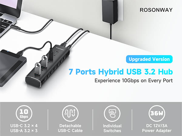 7 Ports Hybrid USB 3.2 gen 2 Hub 10gbps