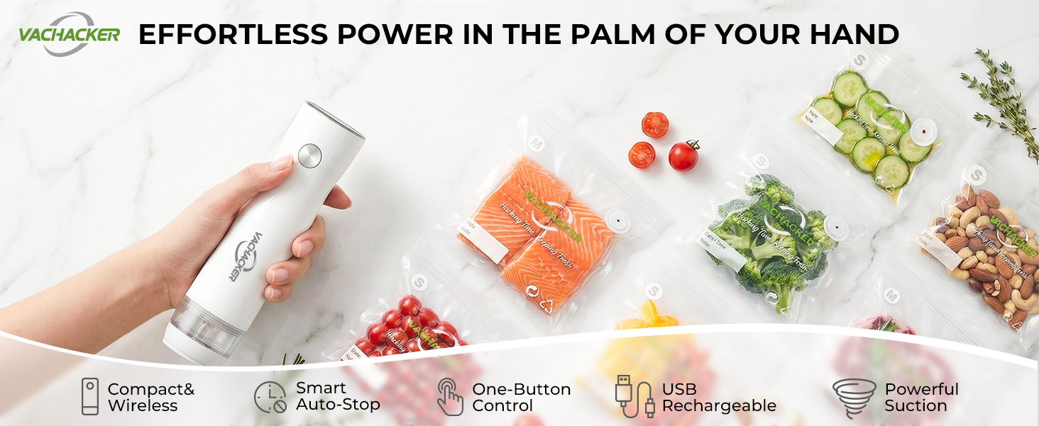 Handheld vacuum pump compatible with vacuum sealer bags for food.