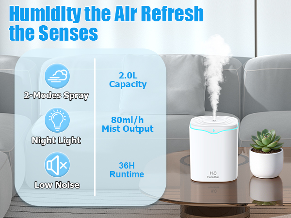 iucpss humidifier,humidity the air refresh the senses, 2L water tank, 80ml/h mist output, low noise