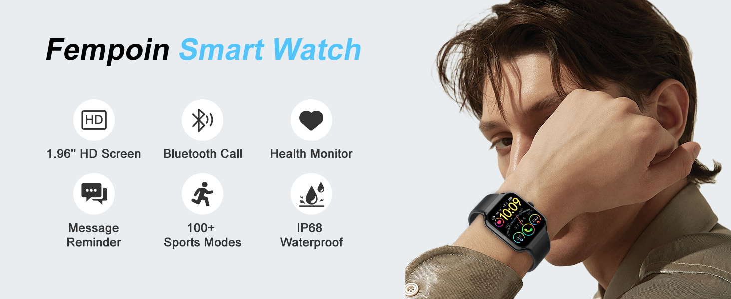 Smartwatch with 1.96" HD screen, Bluetooth call, health monitor, message reminder, 100+ sports modes, and IP68 waterproof rating. Person wearing watch on wrist, displaying colorful screen.