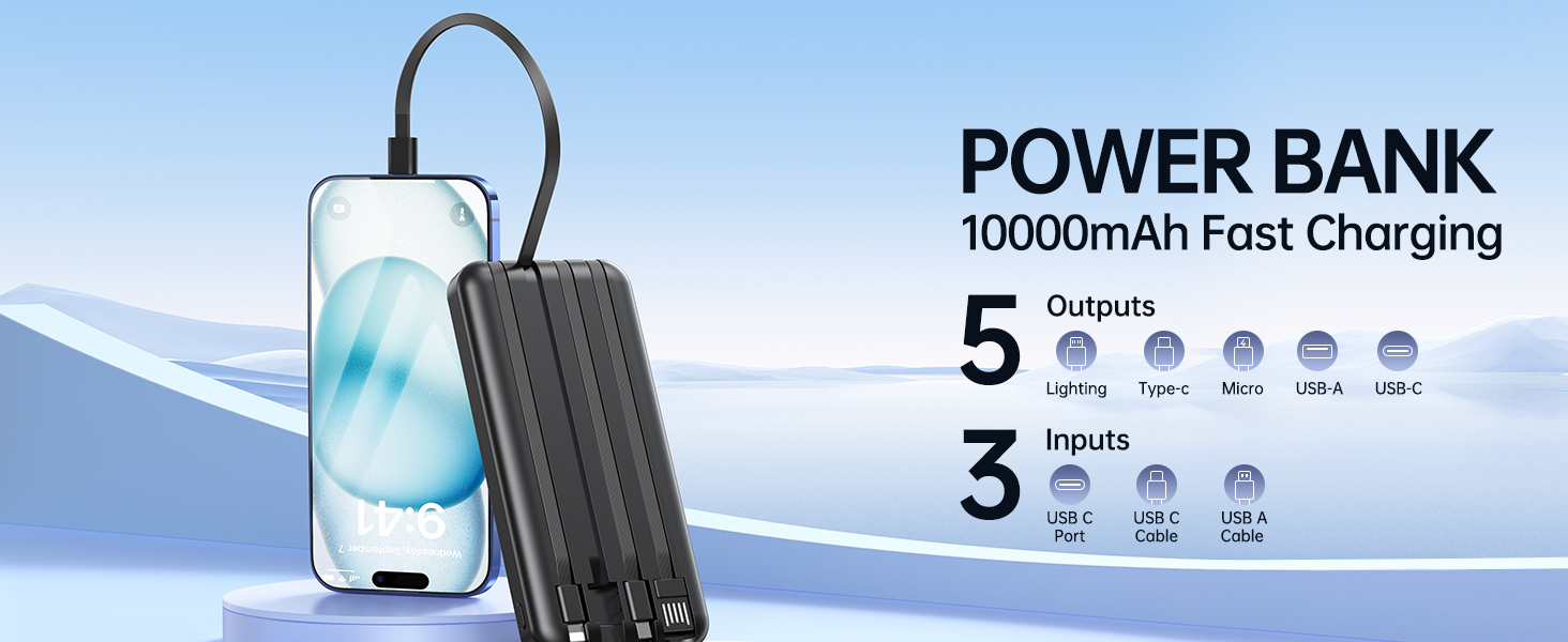 10000mAh Portable Charger with Built in Cable