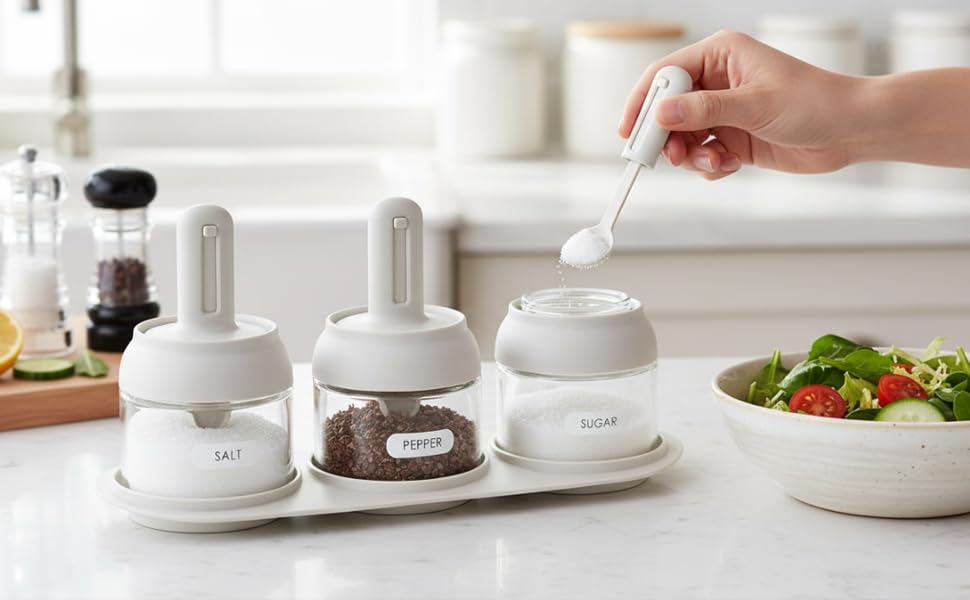 Condiment canister set Minimalist spice jars 3 Piece Glass Salt Container