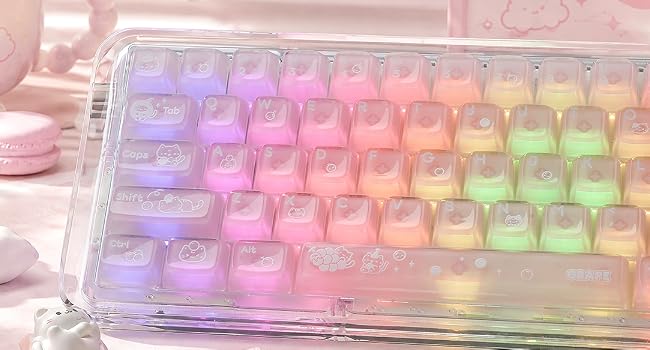 Clear Jelly Keycaps, Pink Cat Shine Through Keycaps Thick PC+ABS Crystal Translucent Keycaps