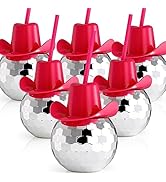 Noamus 6 Packs Disco Ball Cup Pink Straw, 22oz Flash Ball Party Cups with Cowboy Hat Lid, 70s Sil...