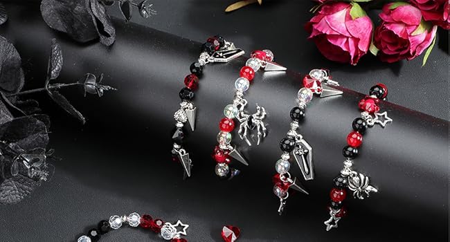 Halloween Bracelets Kit Coffin Spider Charms Gothic Charm Round Heart Star Bead Black Red Beads