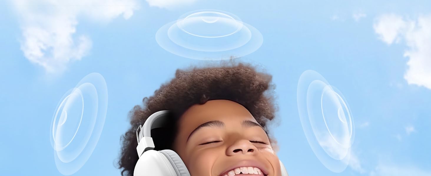 Person wearing white headphones against blue sky background with circular light effects surrounding their head.