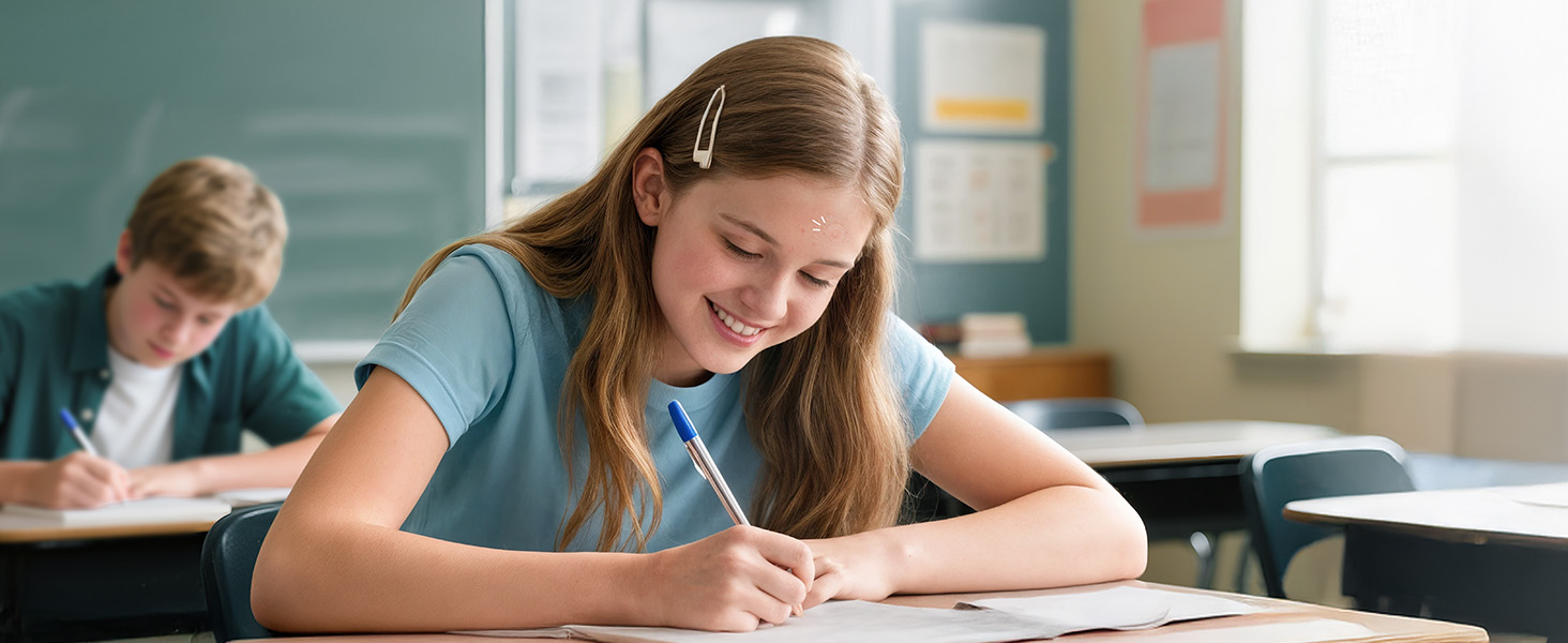 Students in classroom wearing blue uniforms writing at desks. Girl in foreground focused on writing on paper, boy visible in background at desk in school educational setting.