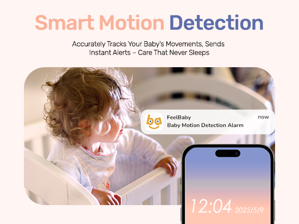 Text reads 'Smart Motion Detection'. Interface screenshots showing mobile app functionality with timestamp '12:04' visible.