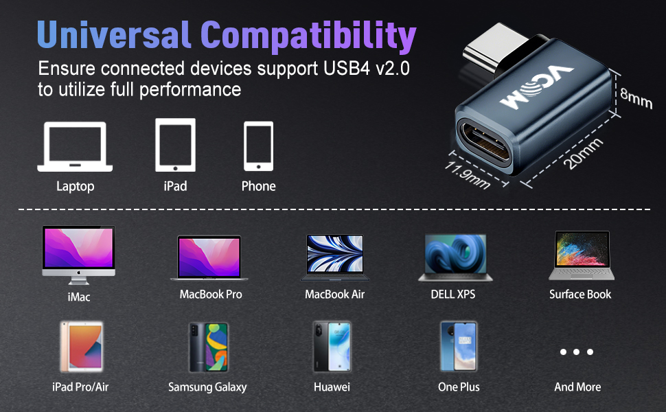 Text reads 'Universal Compatibility'. Marketing banner showing device icons including laptop, tablet, and phone symbols with connecting lines on dark background.
