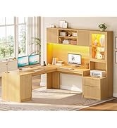 SEDETA 67" x 65" L Shaped Desk with Hutch, RGB LED Corner Computer Desk with Power Outlets, Flute...