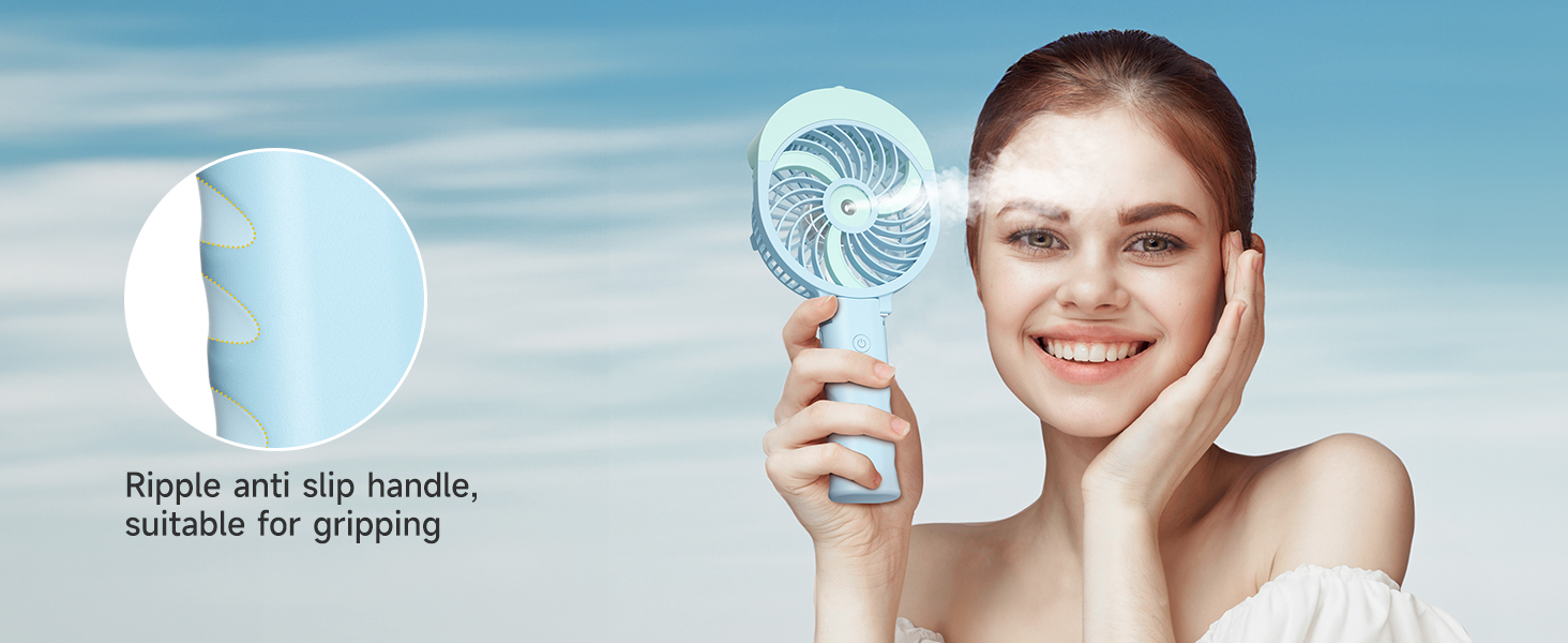 Handheld fan with blue blades and white handle. Inset image shows ripple anti-slip handle for improved grip.