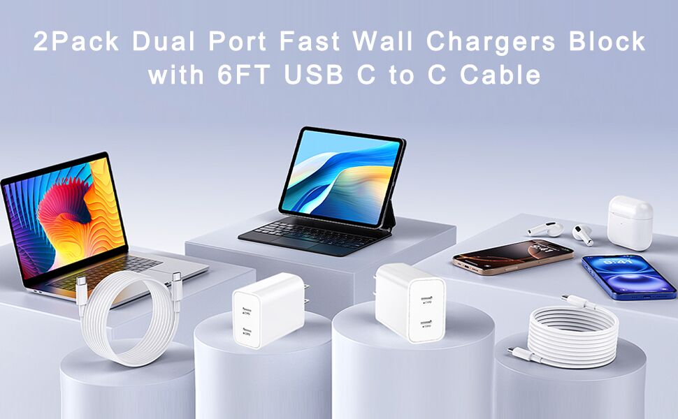 2Pack Dual Port Fast Wall Chargers Block with 6FT USB C to C Cable