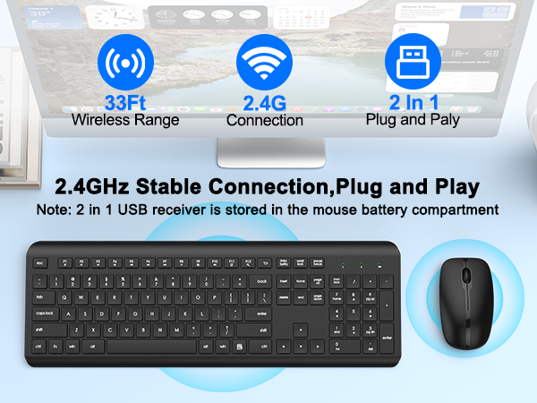 Wireless Keyboard and Mouse Combo, Full-Sized Wireless Keyboard and Adjustable DPI Mouse,