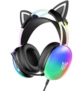 ONITOON Cat Ear Gaming Headset with Microphone, RGB Rainbow Lighting, Surround Sound, 3.5mm Wired...