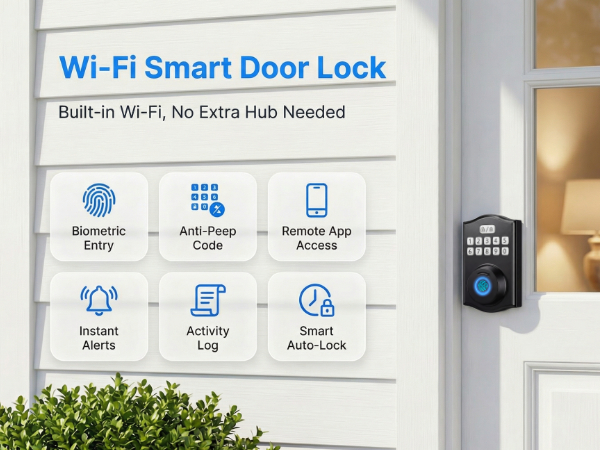 WiFi smart door lock with physical keypad and biometric fingerprint reader