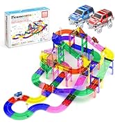 PicassoTiles 100pc Magnetic Tiles Race Track Building Set with LED Cars Adjustable Roads and Sign...