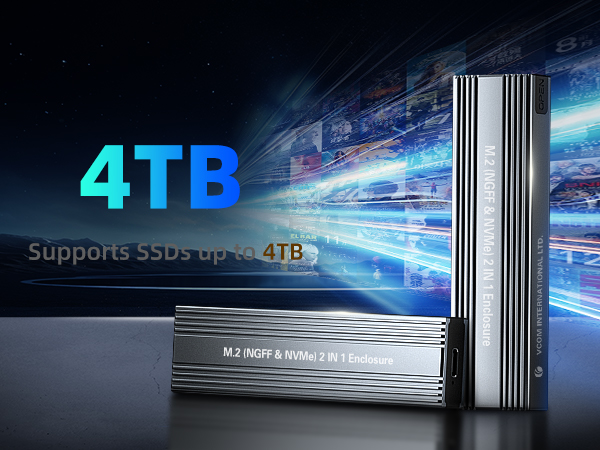 Two M.2 SSD enclosures, one standing vertically and one lying horizontally. Text indicates support for SSDs up to 4TB. Background shows digital data streams.