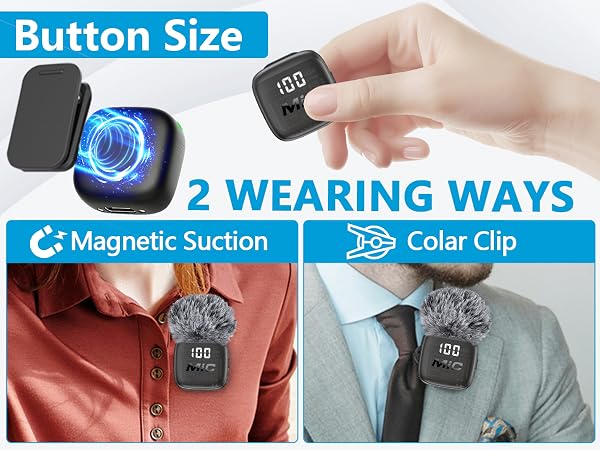 Text reads "Button Size", "2 WEARING WAYS", "Magnetic Suction", "Collar Clip". Compact black device shown three ways: held in hand, attached magnetically to red shirt, and clipped to light blue collar. Blue accent bars with white text.