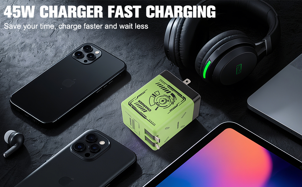 45WCharger Fast Charging, Retractable Phone 2 in 1 Charger Wall Plug 
