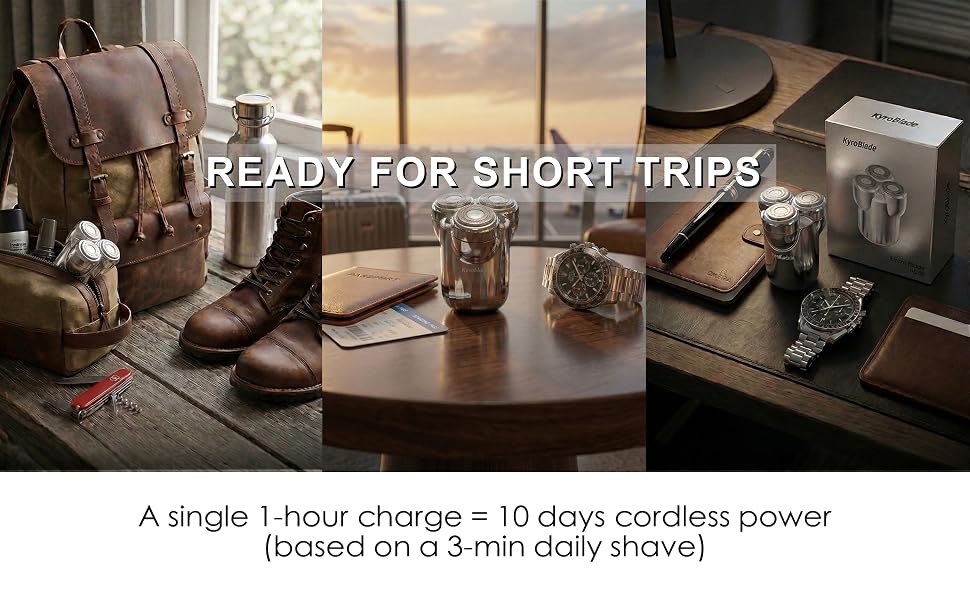 1 hour fast charging cordless travel shaver providing 10 days of power for short business trips
