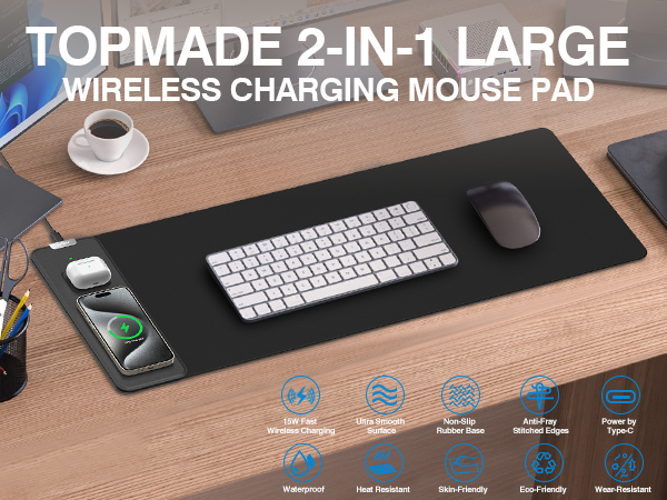 topmade 3-in-1 large wireless charging mouse pad
