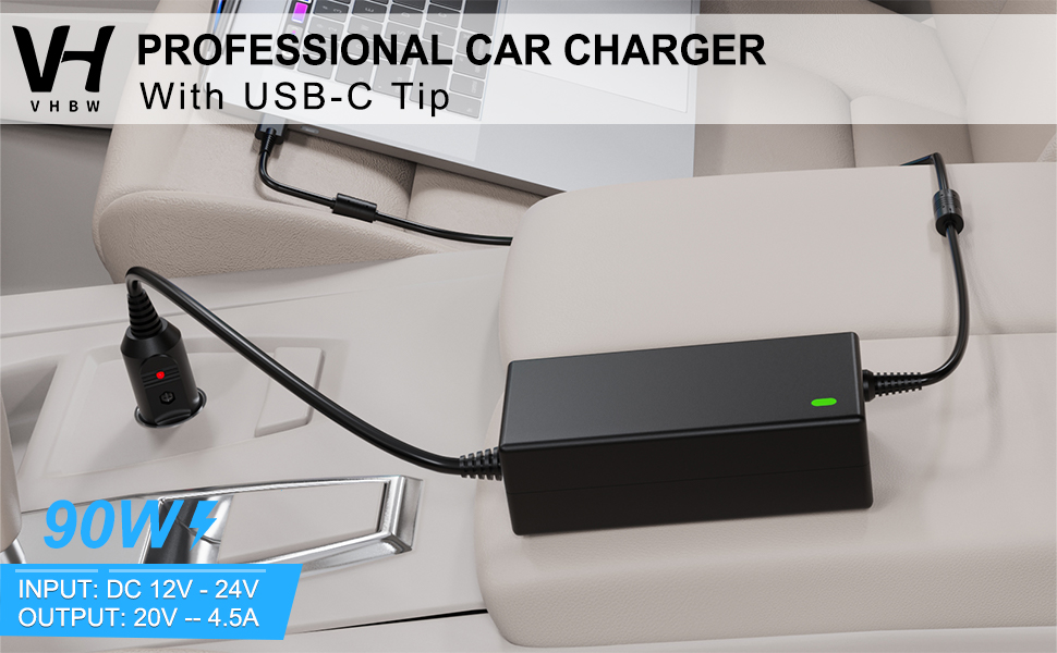 VHBW PROFESSIONAL CAR CHARGER with USB c tip, its iNPUT is DC 12V-24V, OUTPUT is 20V 4.5A