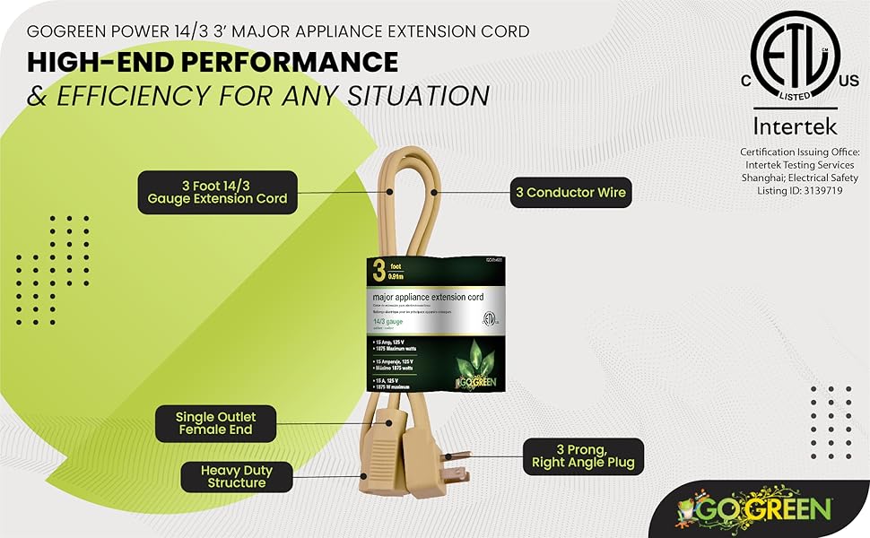 GoGreen Power GG-25603 14/3 3' SPT A/C Extension Cord - Beige