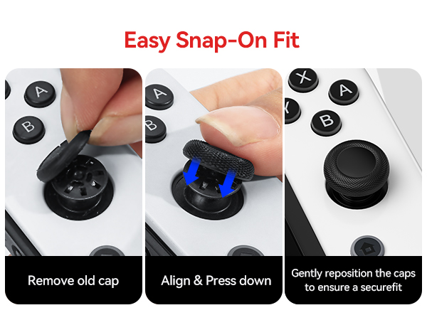 Text reads 'Easy Snap-On Fit'. Step-by-step installation guide showing black circular component being attached with alignment and press-down actions.