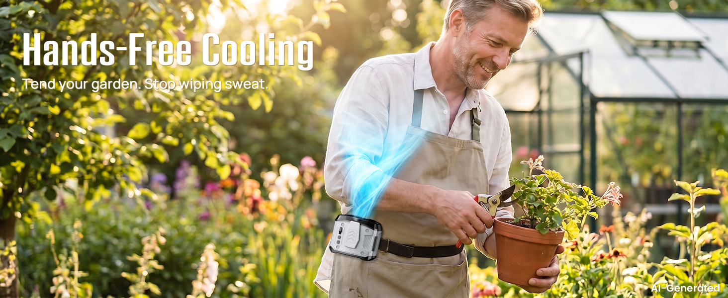 portable waist fan clip on keeps gardeners cooler while trimming, planting, mowing, and watering