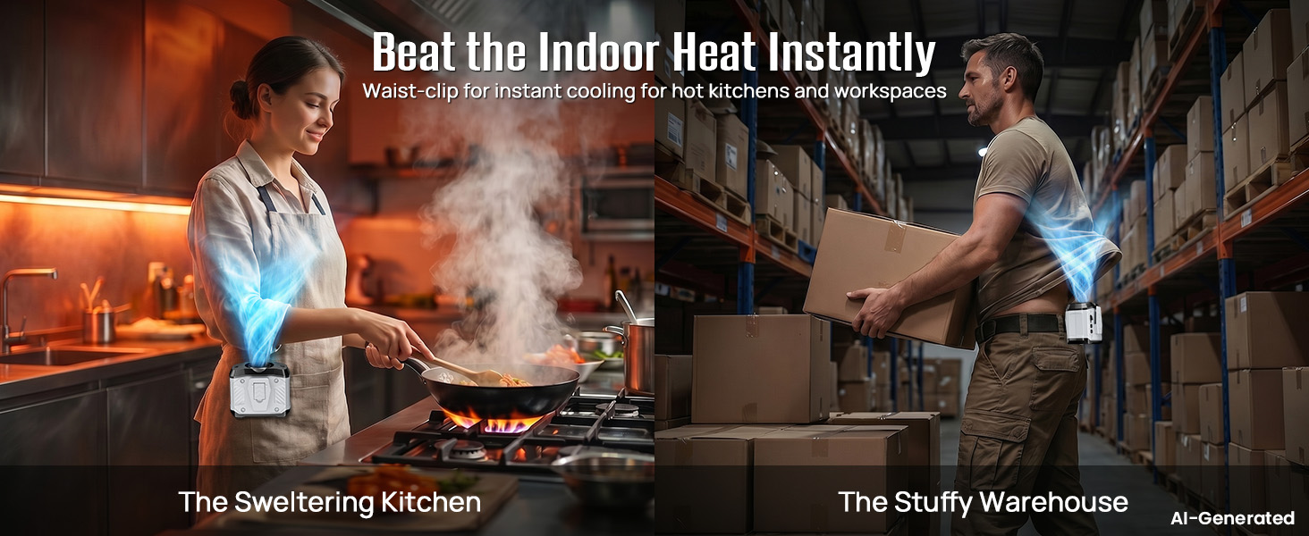 portable fan waist adds direct airflow in hot kitchens, garages, and warehouse rows