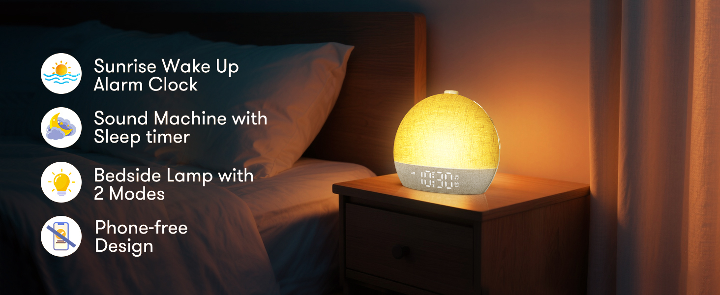Smart alarm clock with digital display showing features: 'Sound Machine with 33 Sounds', 'Alarm Clock', 'Sleep timer', 'Wireless Lamp with 7 colors', 'Phone-free Design'. White modern design with warm ambient lighting.