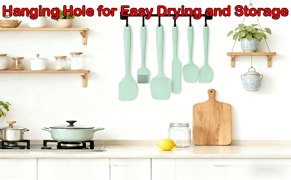 The spatula set is sturdy and break-resistant, featuring a hanging hole for easy drying and storage