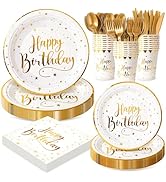 Fighting to Achieve White and Gold Happy Birthday Party Plates Set, 168PCS Stars Dots Paper Plate...