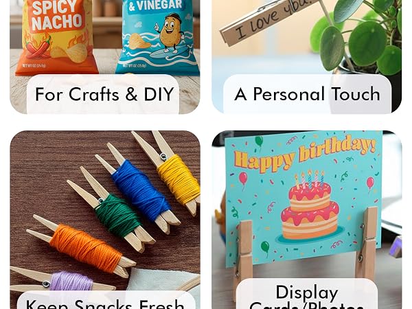 Text reads: 'For Crafts &amp; DIY', 'A Personal Touch', 'Keep Snacks Fresh', 'Cards/Photos'. Collection of product usage images showing craft supplies and storage solutions.
