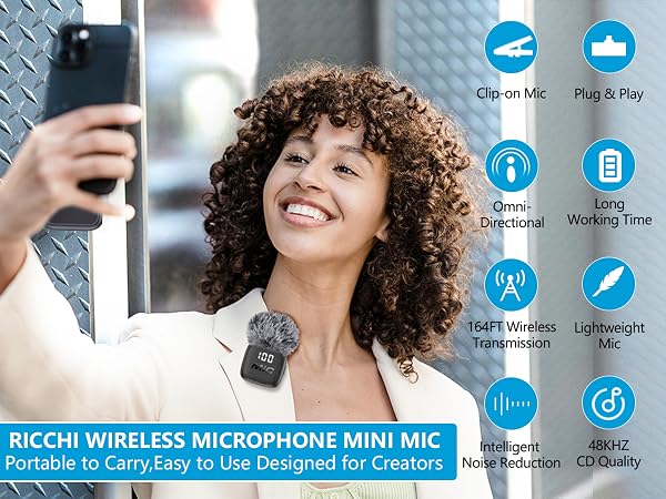 Text reads 'RICCHI WIRELESS MICROPHONE MINI MIC' and feature icons for 'Wireless/Cordless', 'Working Time', 'Noise Reduction', 'Echo Reduction', 'Easy to use', 'Compatible', '10m Range', 'SD Card'. Wireless microphone with woman using product, blue feature highlights displayed.