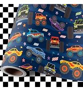 ZDSPIDE Monster Truck Wrapping Paper Mini Roll – Reversible Truck &amp; Black White Plaid Gift Wrap f...