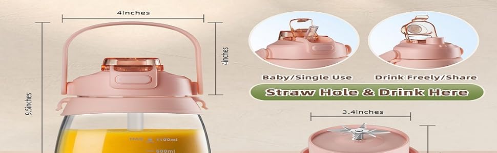 Portable Juicer with 10-Blade Turbo Juicing,Juice Glass with Sip Lid &amp;amp; Carrying Strap