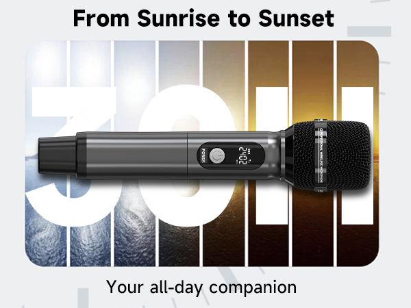 Wireless microphone with digital display next to image panels showing sunset progression