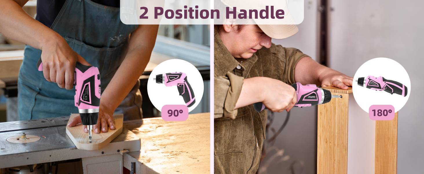 Handheld power tool with adjustable handle shown in two positions: straight alignment for horizontal use and 90-degree angle for vertical use.