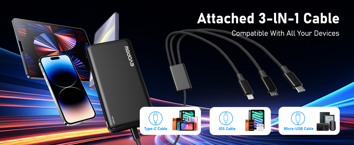 Ultra Slim and small 10000mAh Power bank with 3 in 1 cable