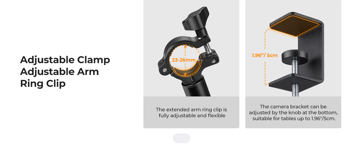 Text reads: 'Adjustable Clamp', 'Adjustable Arm', 'Ring Clip'. Technical diagram showing two mounting accessories with labeled components.